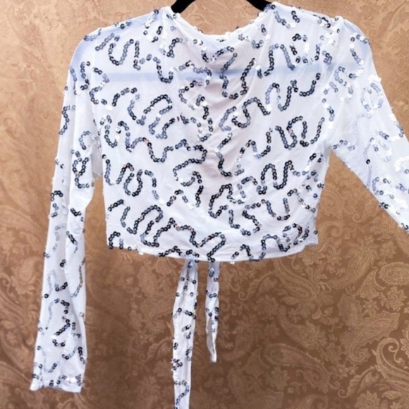 Sequin Tie-Front Sheer Creme Crop Top - Picture 10 of 12
